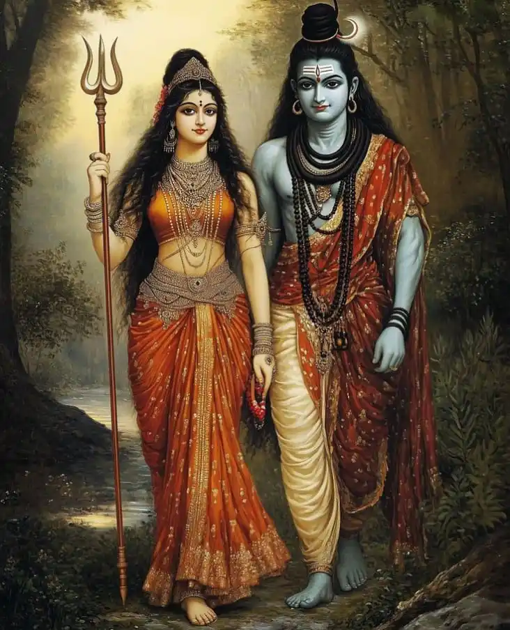 A digitally rendered image depicts Hindu deities Shiva and Parvati standing side by side in a forest setting. Shiva, with…