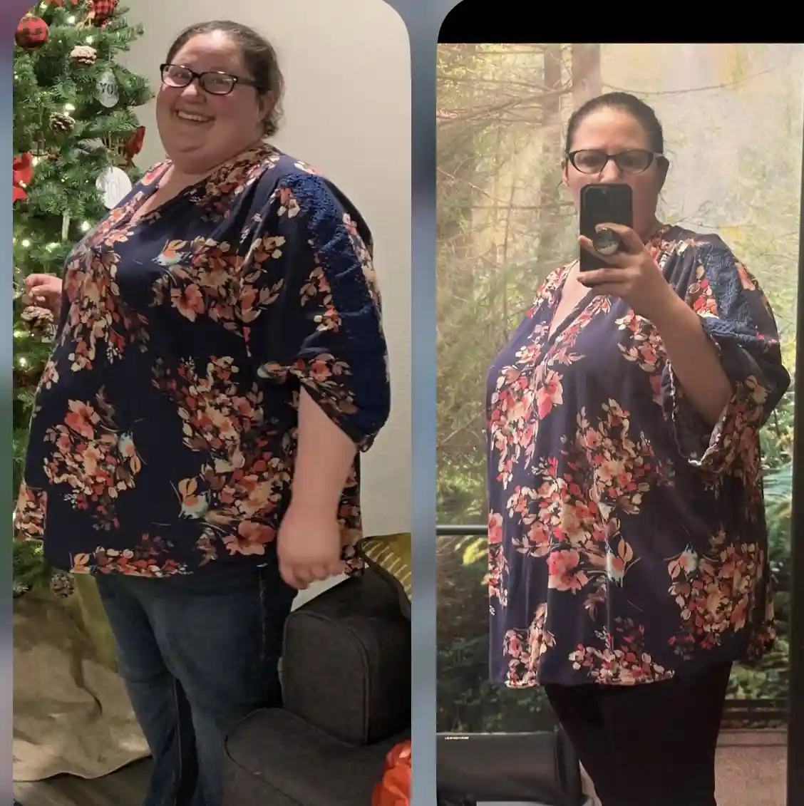 A side-by-side comparison of a woman in the same floral top, showing a noticeable difference in her body size between the…