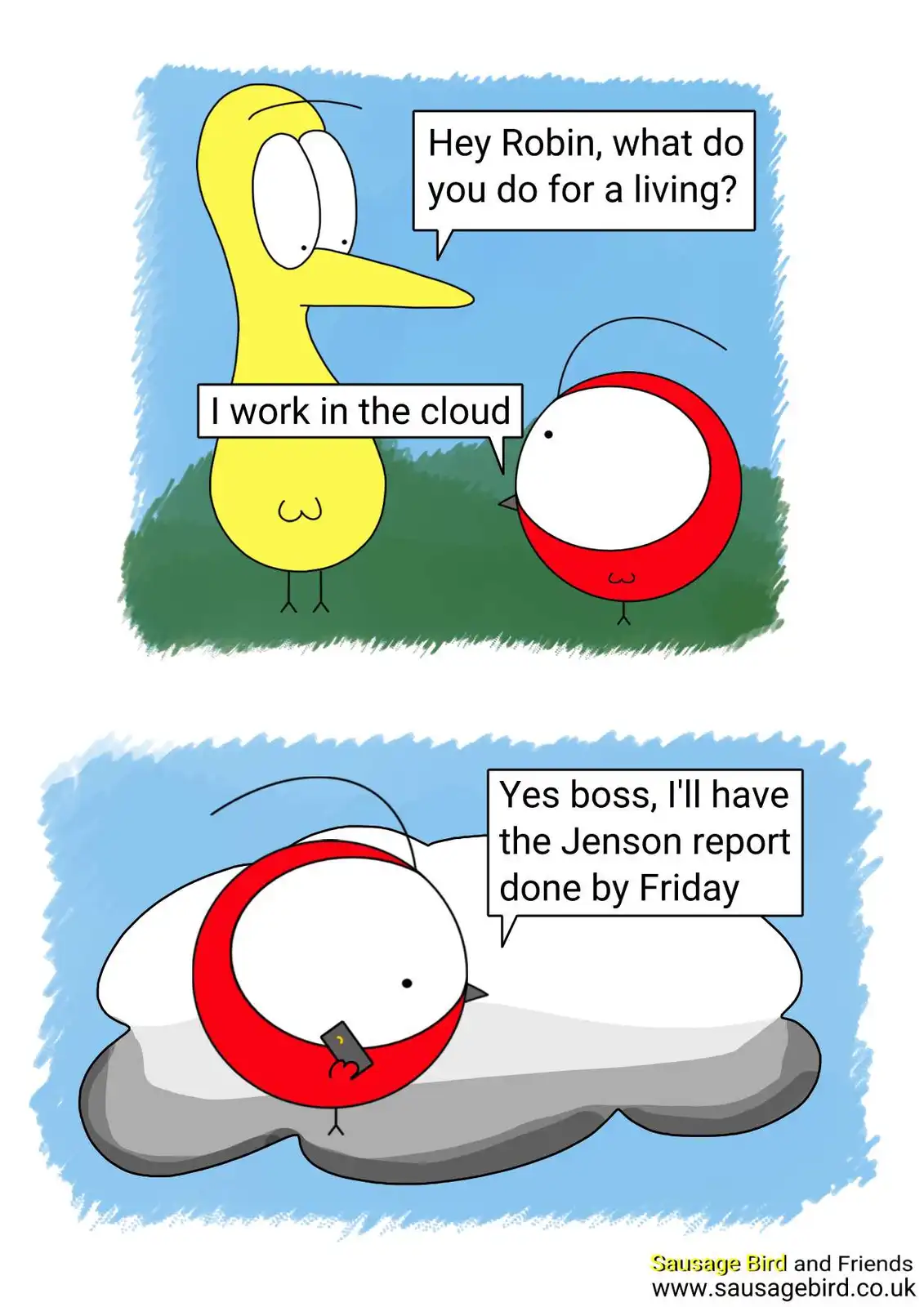 Two cartoon birds are shown in a two-panel comic. In the top panel, a yellow bird asks a red bird named Robin what he does…