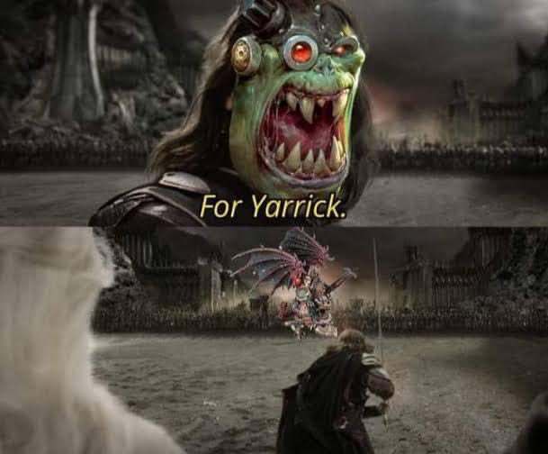 The image is split into two panels. The top panel shows a large, green, monstrous figure with glowing red eyes and sharp…