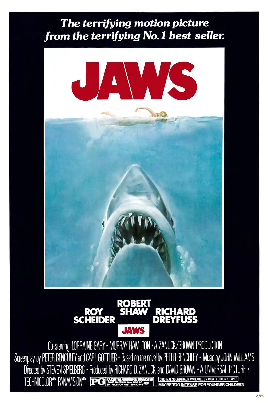 This is the iconic 1975 movie poster for 'Jaws,' featuring a large shark with its mouth open, rising from blue water to…