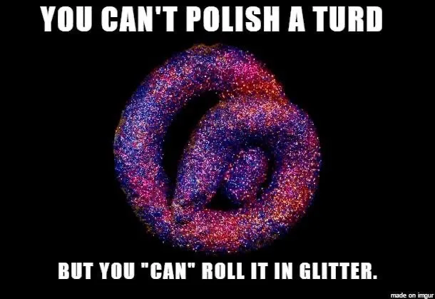 A glitter-covered pretzel is shown against a black background with bold white text. The top text reads 'YOU CAN'T POLISH A…