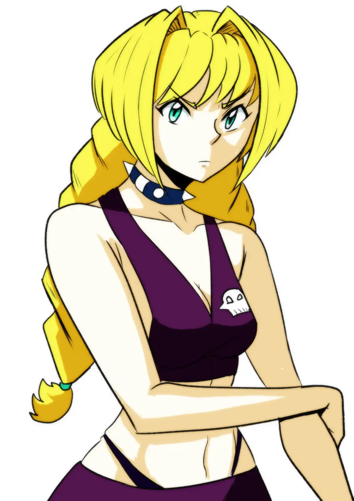 An anime-style illustration of a blonde-haired female character with cat ears and a tail, wearing a purple top with a skull…