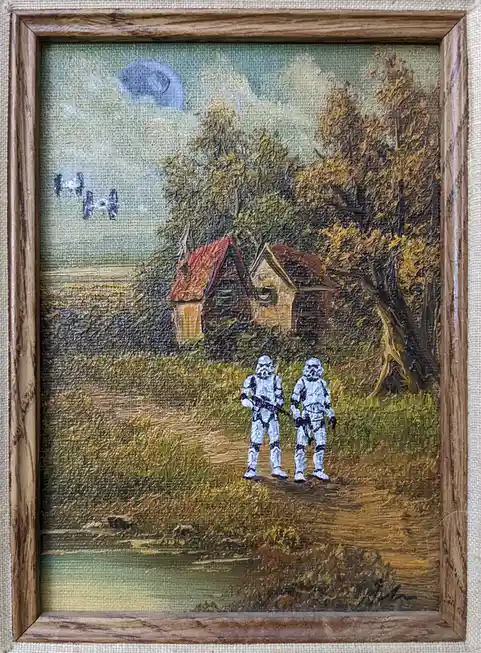 A textured, impressionistic painting in a wooden frame depicts two stormtroopers standing on a path in a rural landscape…