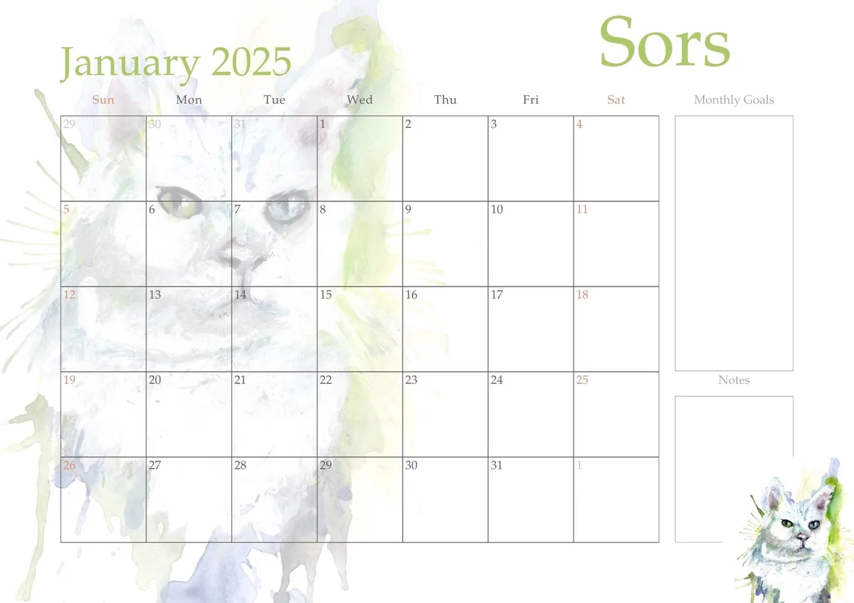 A January 2025 calendar with a watercolor cat background, featuring the name 'Sors' in large green letters at the top right…