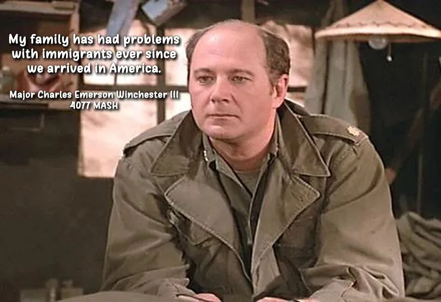 A still image of Major Charles Emerson Winchester III from the TV show 'MASH' looking serious and slightly bewildered. White…