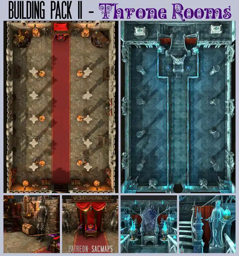 The image displays two top-down views of throne rooms side-by-side: one in warm, earthy tones with a red carpet and ornate…