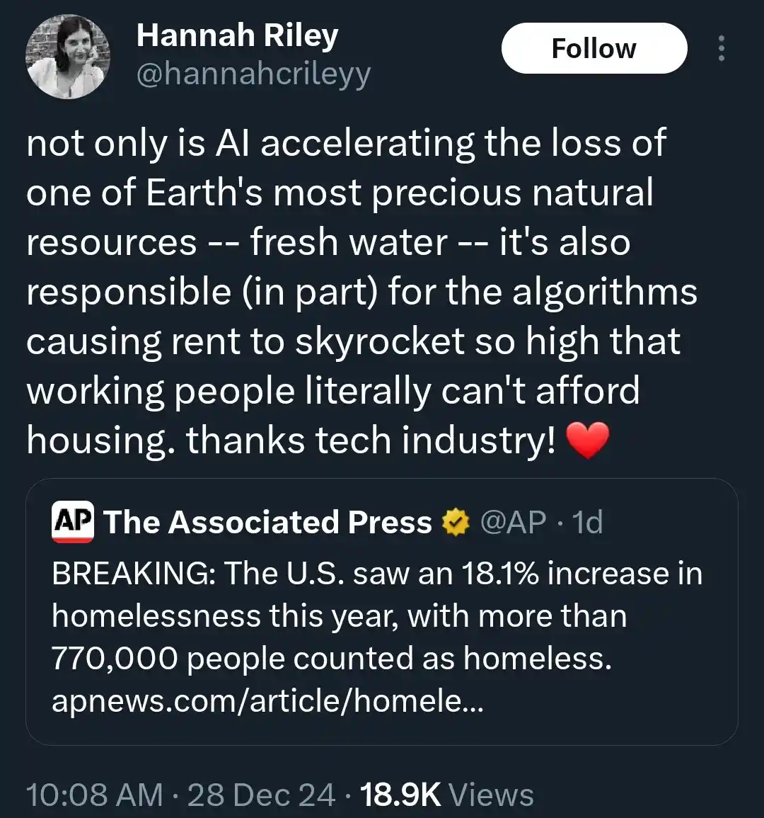 A screenshot of a Twitter post by Hannah Riley (@hannahcrileyy) that sarcastically blames AI and the tech industry for both…