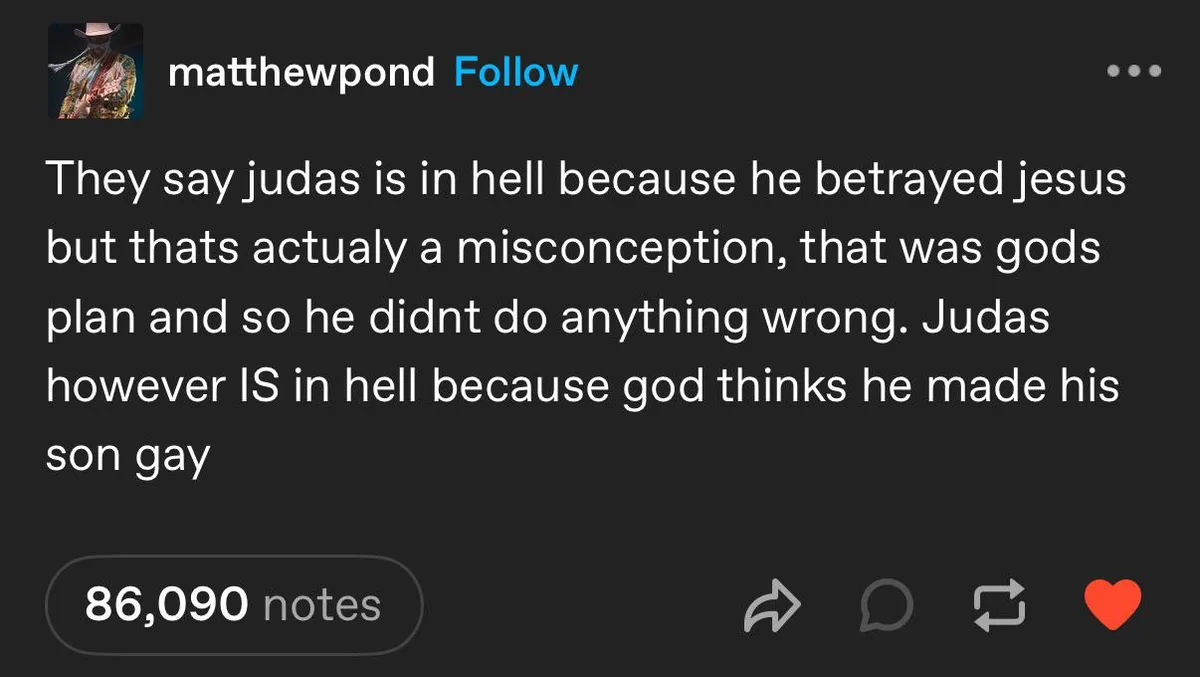 A screenshot of a Tumblr post by user 'matthewpond' showing white text on a dark background. The text argues that Judas is…