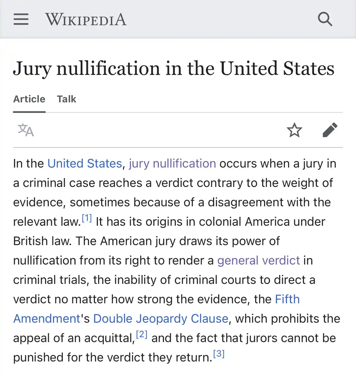 A screenshot of the Wikipedia article titled 'Jury nullification in the United States' shows the introductory paragraph…