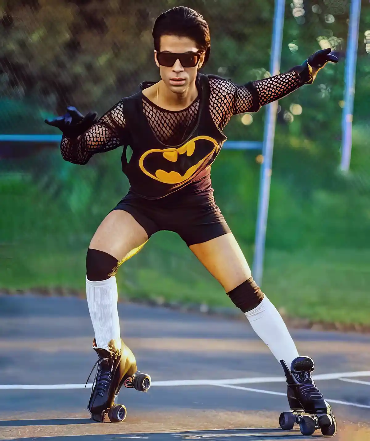 A person wearing a black fishnet top with a yellow bat symbol, black shorts, white socks, and roller skates poses…