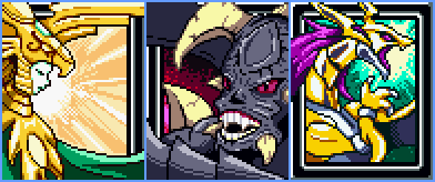 Three pixel-art panels show a golden dragon on the left, a dark-skinned angry dragon in the center, and a purple-haired…