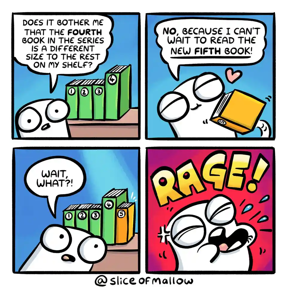 A four-panel comic shows a white cartoon character noticing a size mismatch in a book series on a shelf. The character…