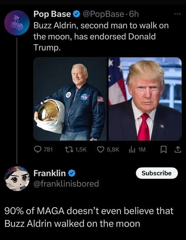 A screenshot of a Twitter thread shows a tweet claiming Buzz Aldrin endorsed Donald Trump, accompanied by a split image of…