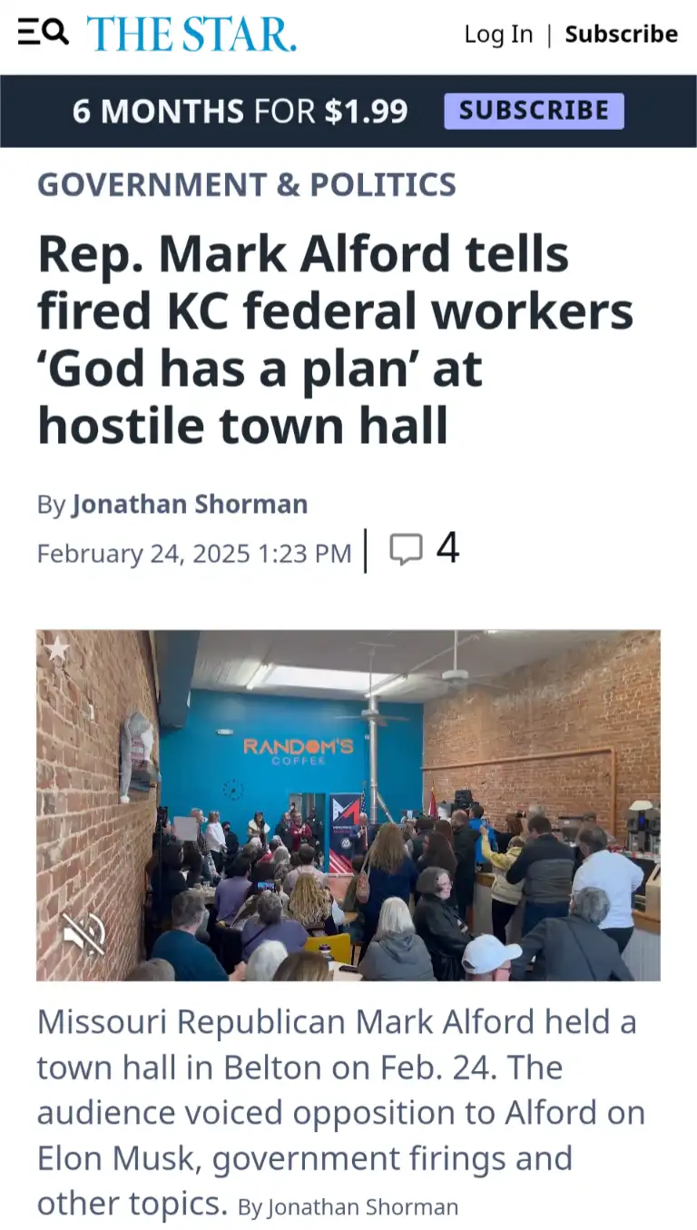 A screenshot of a news article from 'The Star' shows a photo of a town hall event at 'Random's Coffee' where Rep. Mark…
