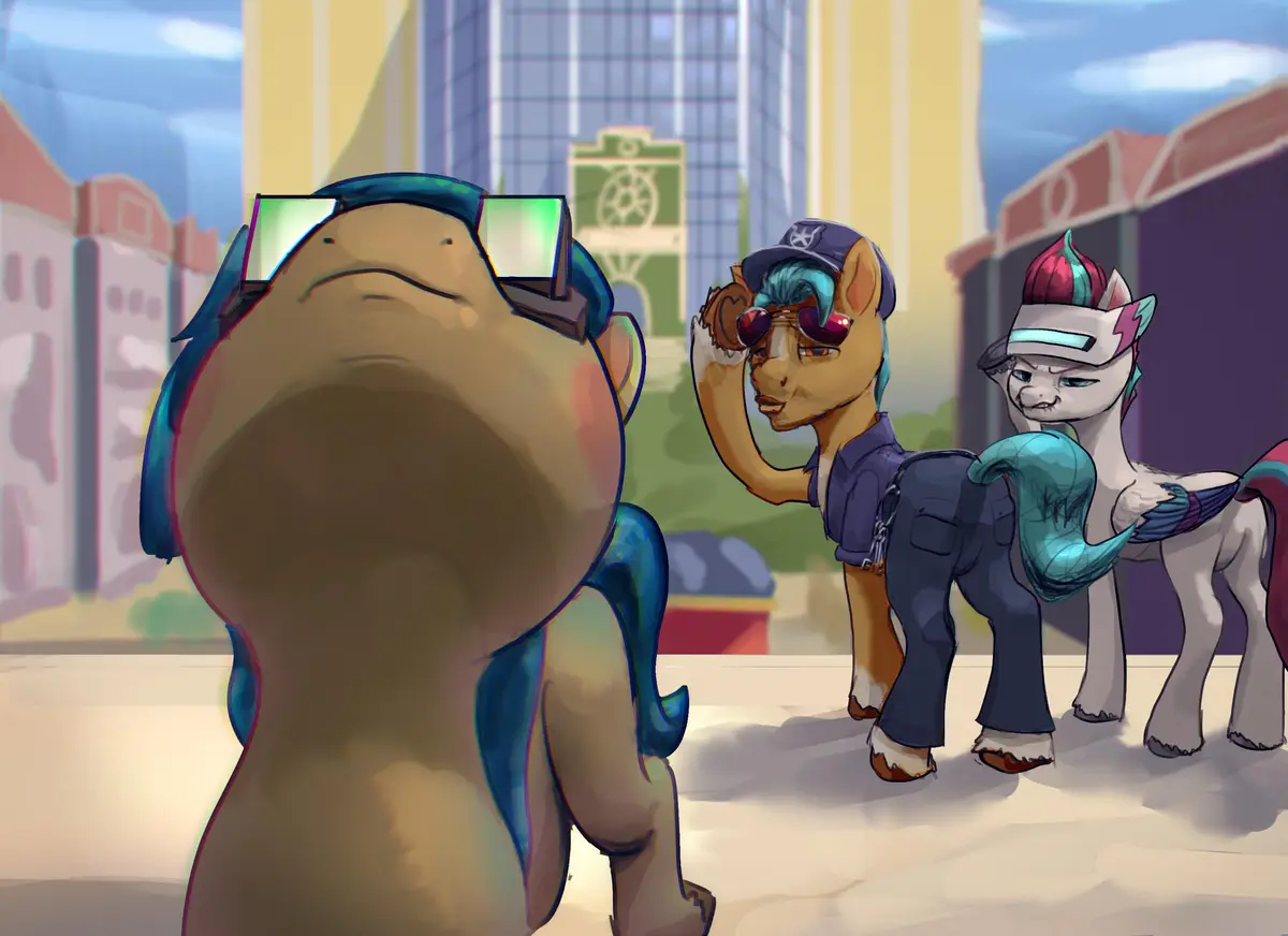 A cartoon pony with a large, round head and blue hair wears oversized, glowing green sunglasses while facing away from two…