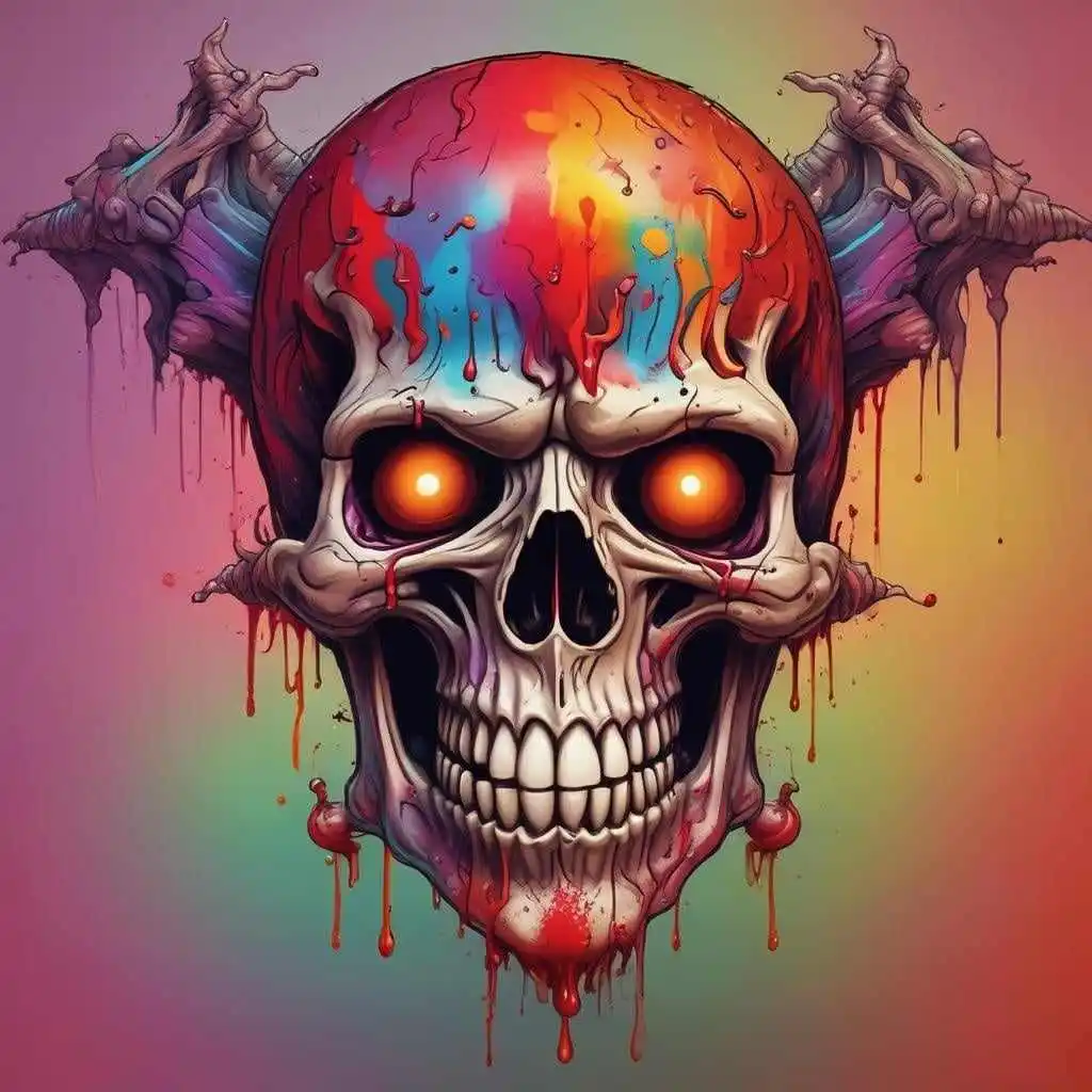 A stylized, menacing skull with glowing orange eyes and a rainbow of paint dripping down its surface, with grotesque…