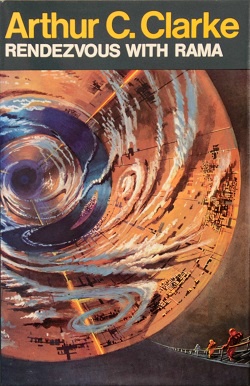 The image is the cover art for Arthur C. Clarke's book 'Rendezvous with Rama,' depicting a massive, cylindrical alien…