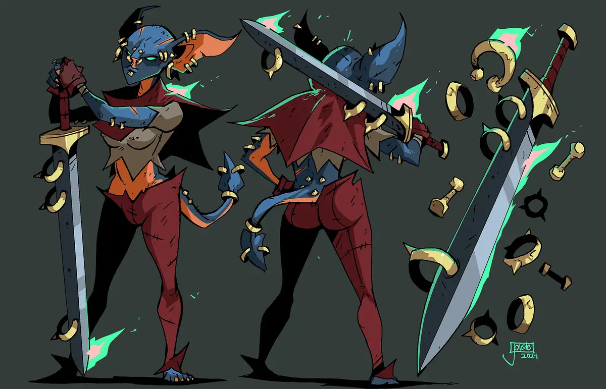 A stylized fantasy character with blue skin, orange accents, and a red cape is shown in three poses wielding a large sword…
