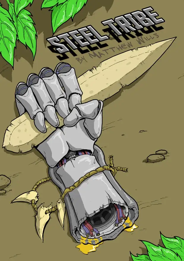 A cartoon illustration shows a robotic hand gripping a stone knife, with exposed wires and leaking yellow fluid from its…