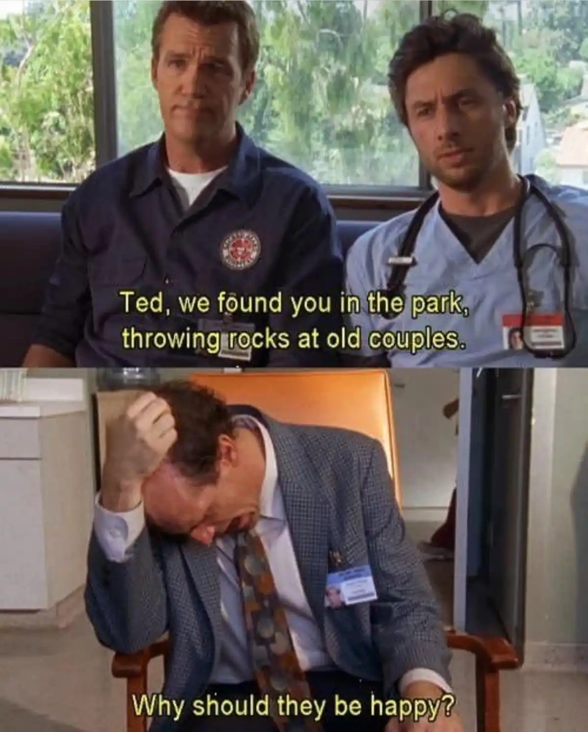 The top panel shows two men, one in a firefighter uniform and one in scrubs with a stethoscope, looking concerned. The…
