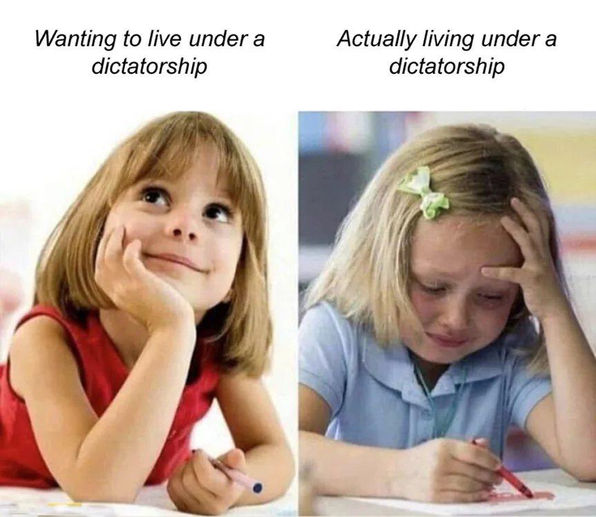The image is split into two panels. Left: a young girl in a red shirt smiling dreamily while resting her chin on her hand…