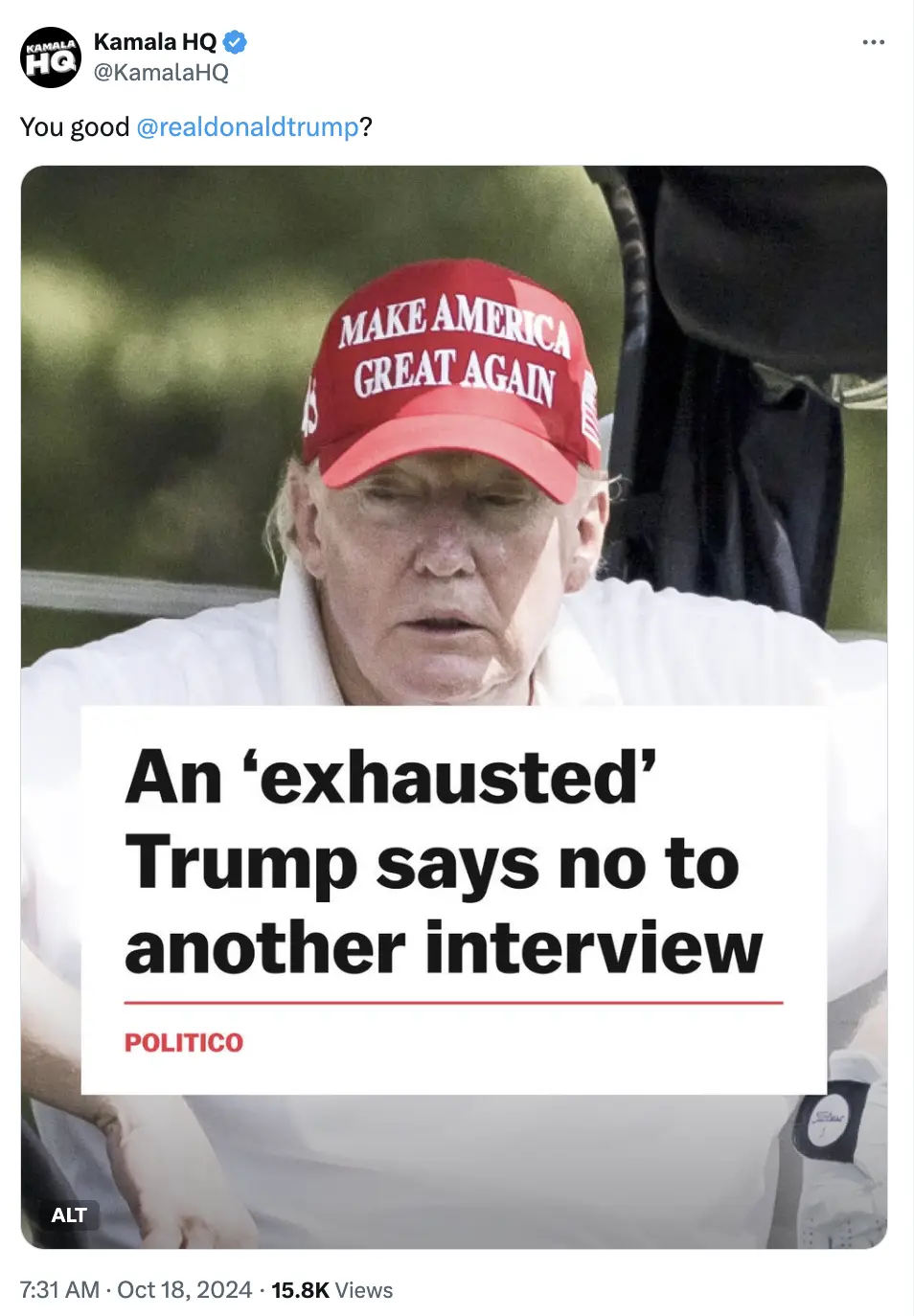 A photo of Donald Trump wearing a red 'MAKE AMERICA GREAT AGAIN' cap, looking tired and seated, overlaid with a Politico…
