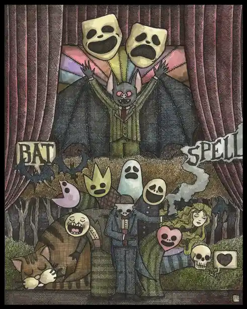 A whimsical, darkly humorous illustration depicts a stage scene with a bat in a suit holding up theatrical comedy and…