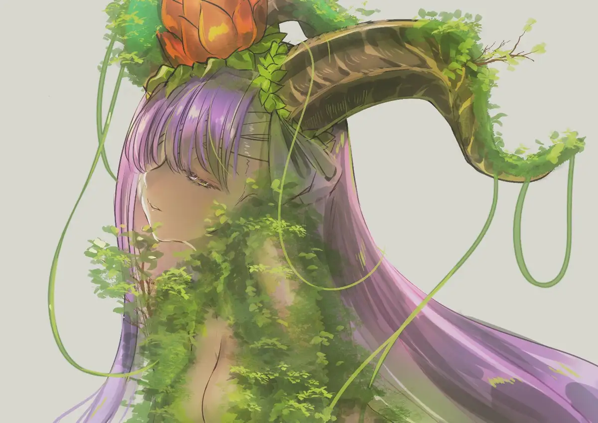 An anime-style illustration of a person with long purple hair, partially obscured by green foliage and vines. A large…