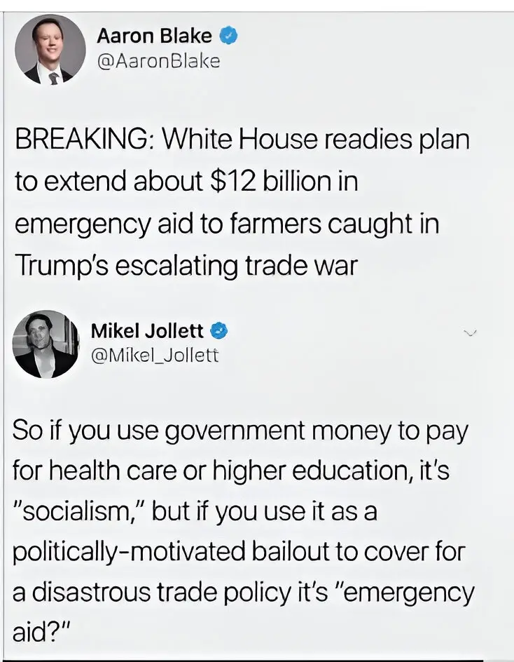 The image displays two Twitter posts. The first, from Aaron Blake, announces a $12 billion emergency aid plan for farmers…