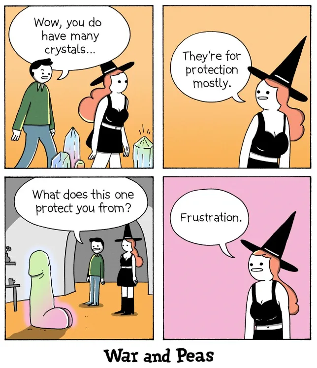 A four-panel comic strip shows a man complimenting a witch on her many crystals. She replies they're for protection. When he…