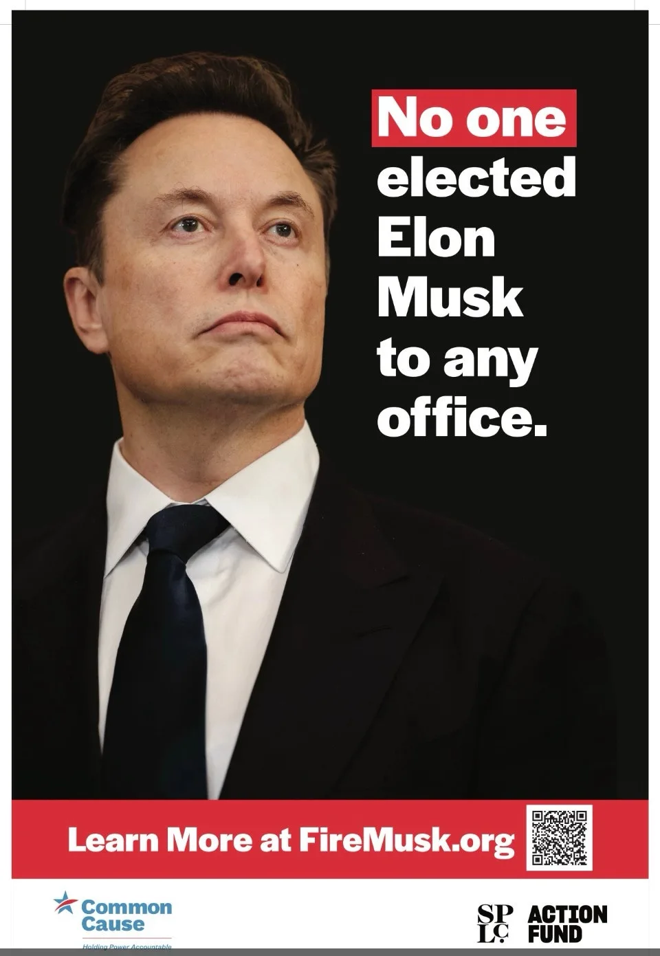 A political-style poster features a portrait of Elon Musk in a black suit, white shirt, and dark tie, looking upward with a…