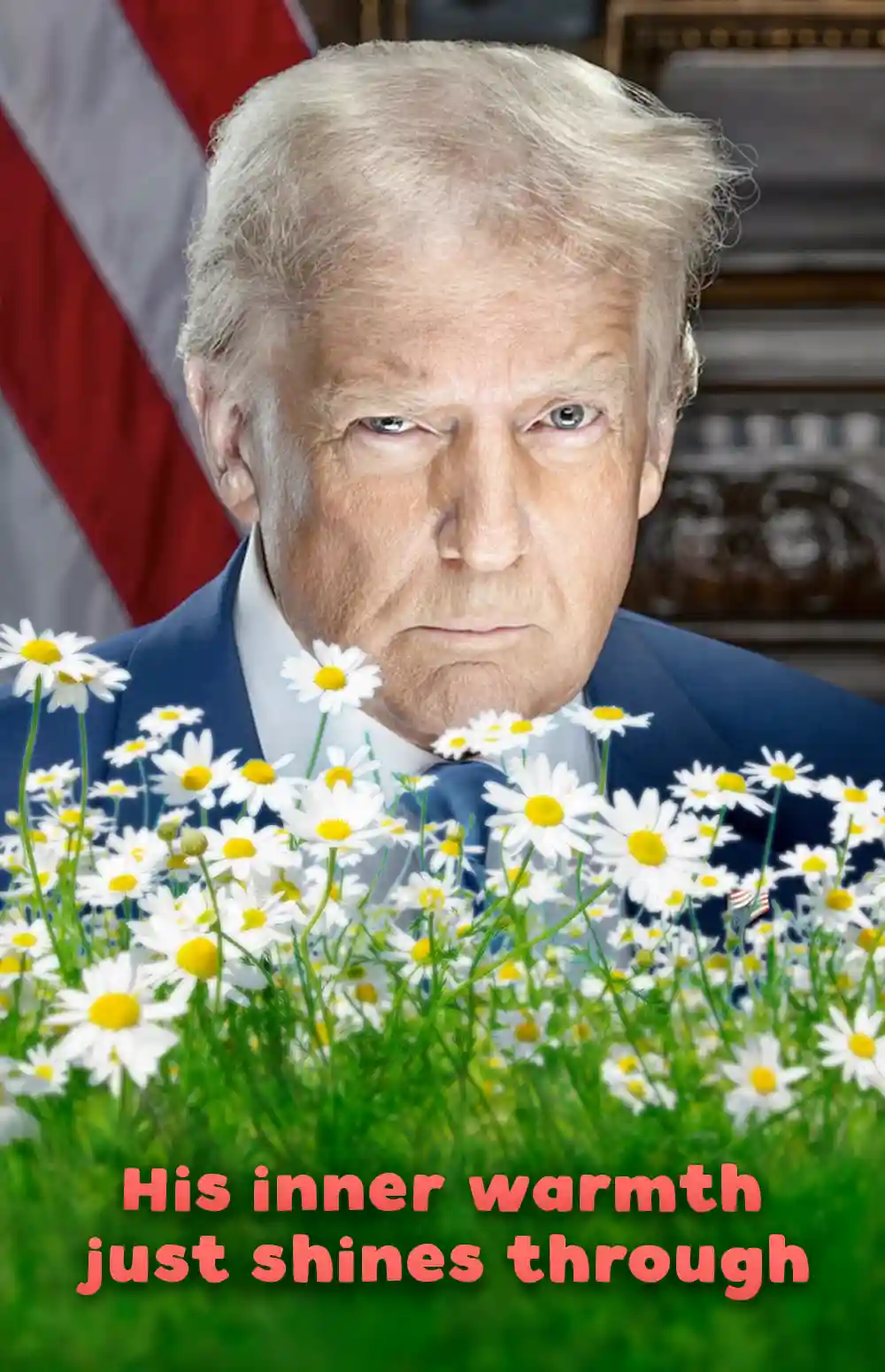 A digitally altered image shows Donald Trump in a formal suit and tie, with a stern, unsmiling expression, set against an…