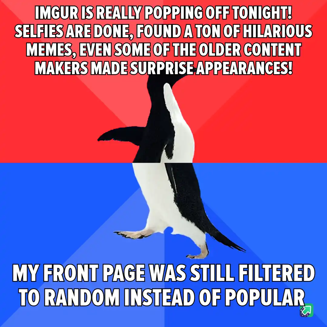 A penguin stands upright against a red and blue background, with white text overlaid in two sections. The top text reads…