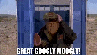 A man in a military-style jacket and cap repeatedly shouts 'GREAT GOOGLY MOOGLY!' while standing in front of a blue portable…