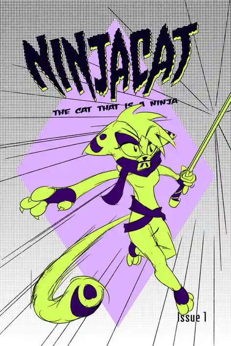 A lime-green anthropomorphic cat with purple markings, wearing a ninja mask and outfit, holds a glowing green sword while…