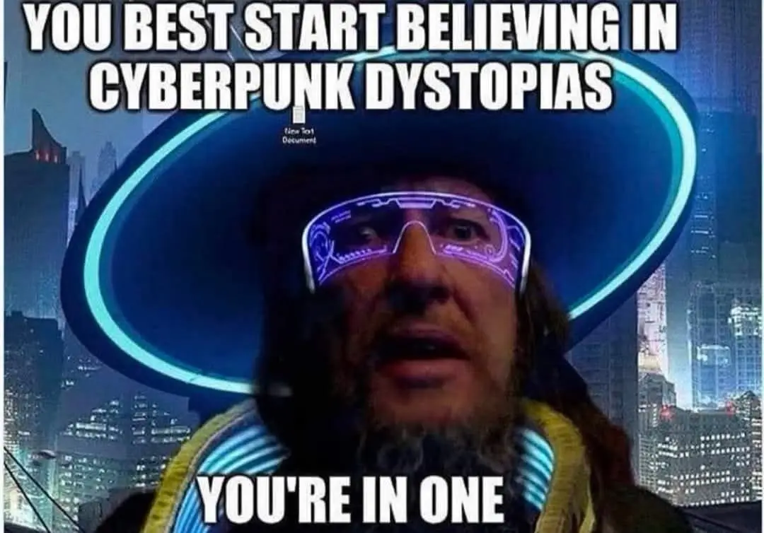 A man with a long beard and futuristic glowing glasses stares intensely at the viewer, set against a dark, neon-lit…