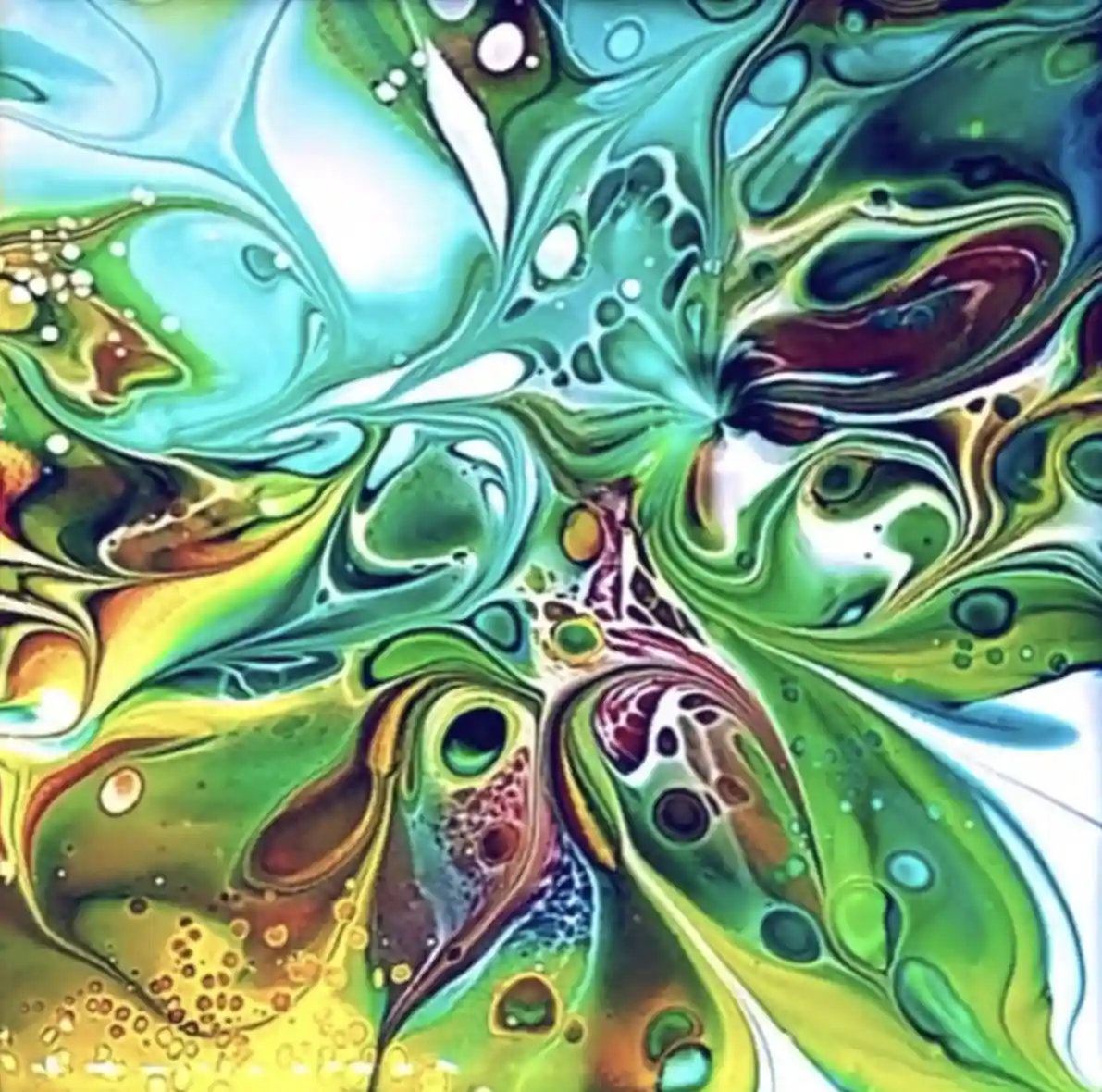 The image displays a vibrant, abstract fluid art piece with swirling patterns of green, teal, yellow, and brown, resembling…