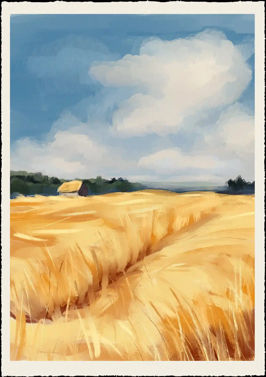 A watercolor-style painting depicts a vast golden wheat field under a blue sky with fluffy white clouds. In the distance, a…