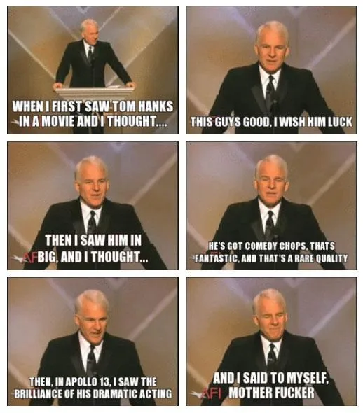 A six-panel meme featuring a man in a suit speaking at a podium, with overlaid text describing his evolving opinion of Tom…