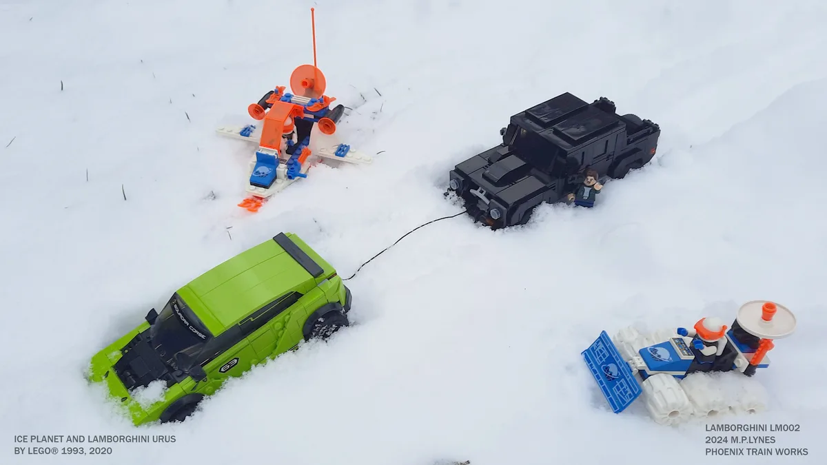 A snowy scene features four LEGO vehicles: a green Lamborghini Urus, a black armored vehicle, a blue and orange snowmobile…