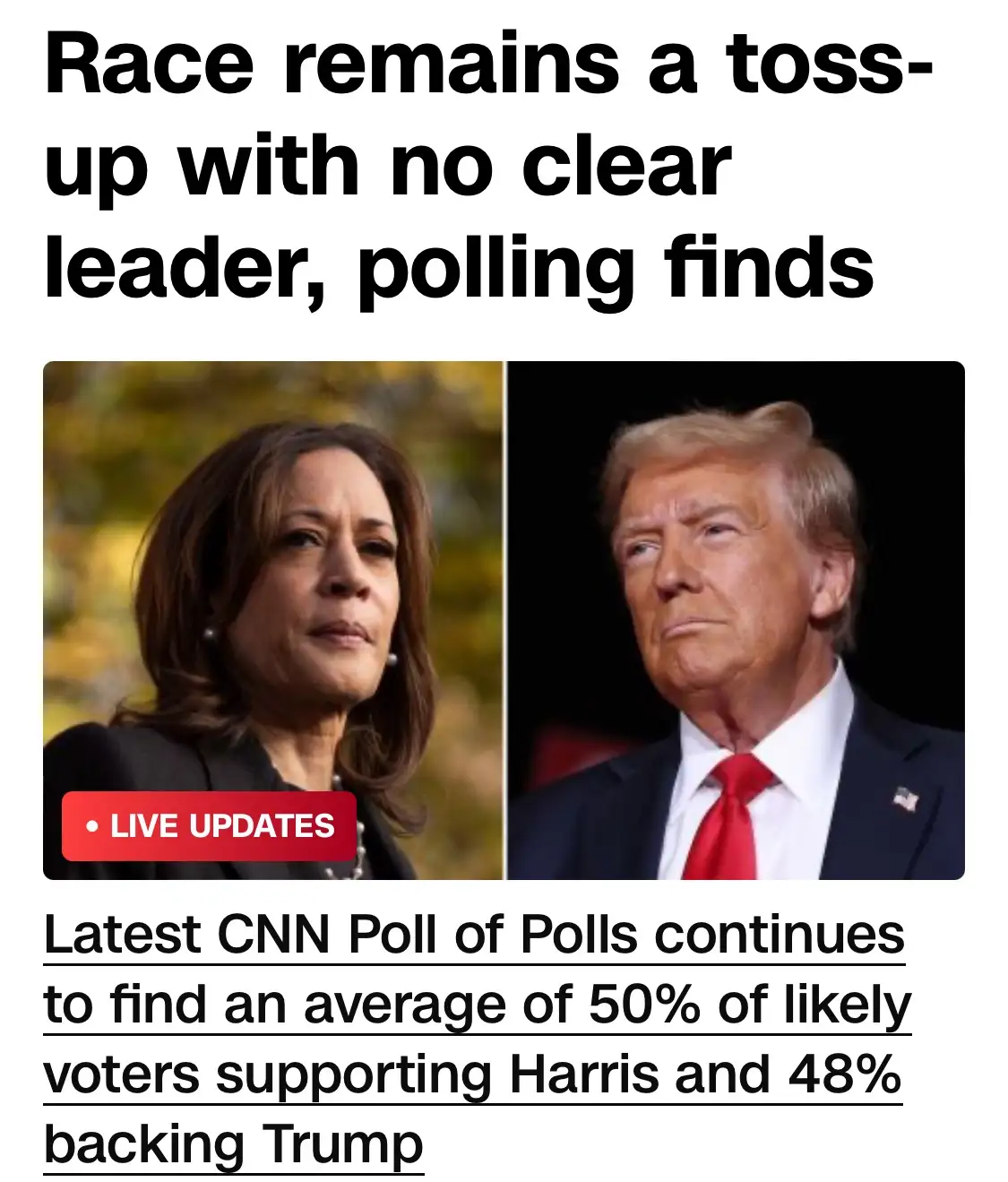 The image displays a split-screen of Kamala Harris and Donald Trump, overlaid with a news headline stating 'Race remains a…