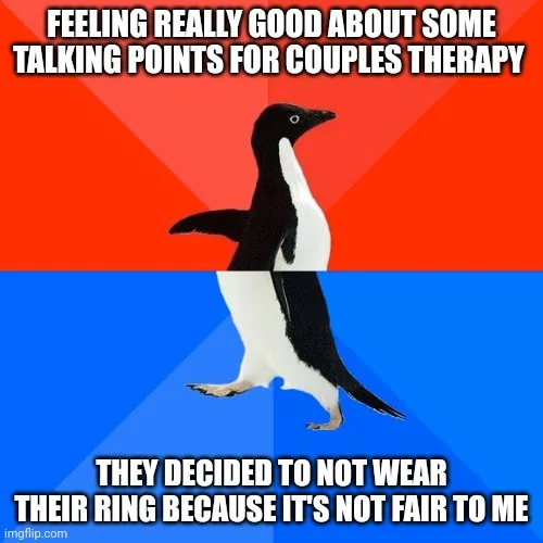 A penguin stands in a split red and blue background, looking smugly upward in the top half and smugly downward in the bottom…
