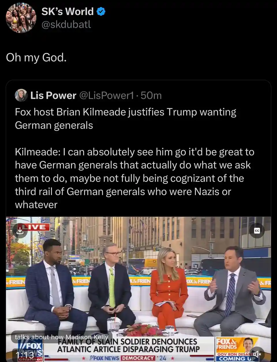 A screenshot of a Fox & Friends news segment shows four hosts seated on a white couch. The overlaid text quotes Fox host…