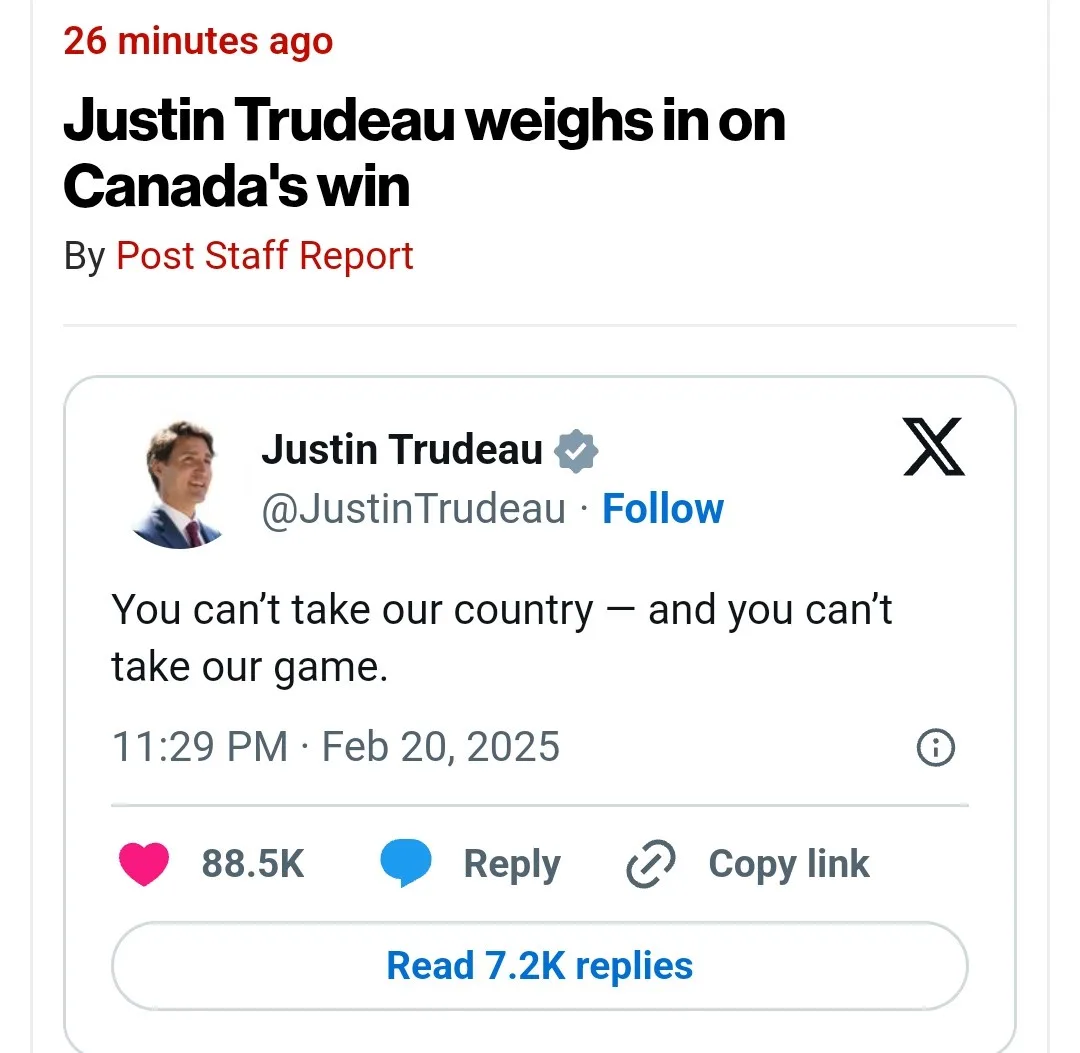 A screenshot of a news article titled 'Justin Trudeau weighs in on Canada's win' shows a tweet from Justin Trudeau's…
