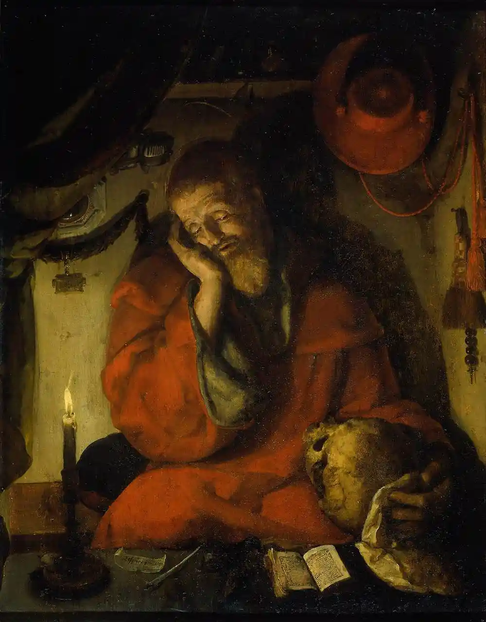A classical painting depicts a weary monk in a red robe, resting his head on his hand while holding a human skull. A single…