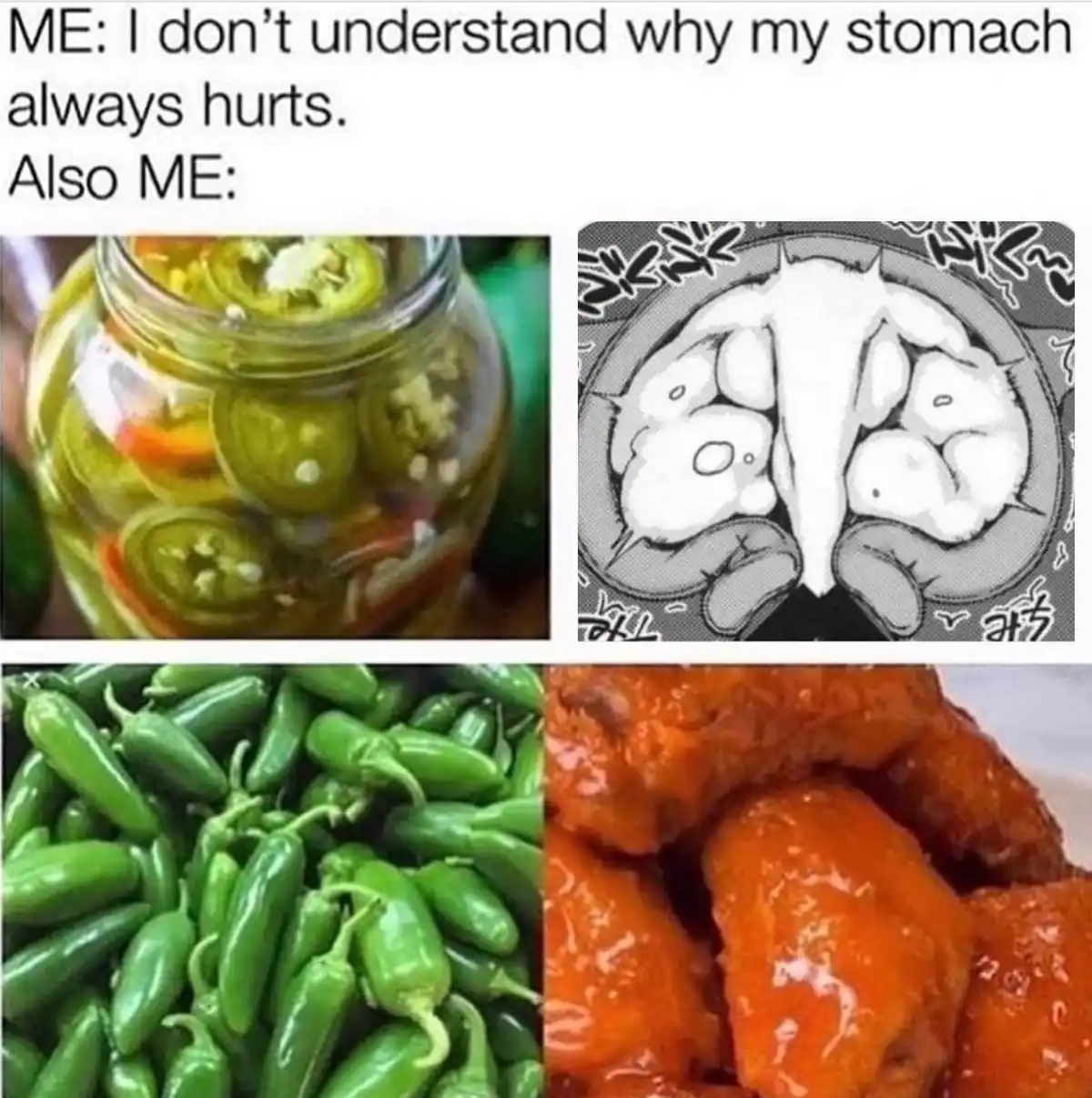 The image displays four panels: a jar of pickled jalapeños, a manga-style illustration of a character's stomach in agony, a…
