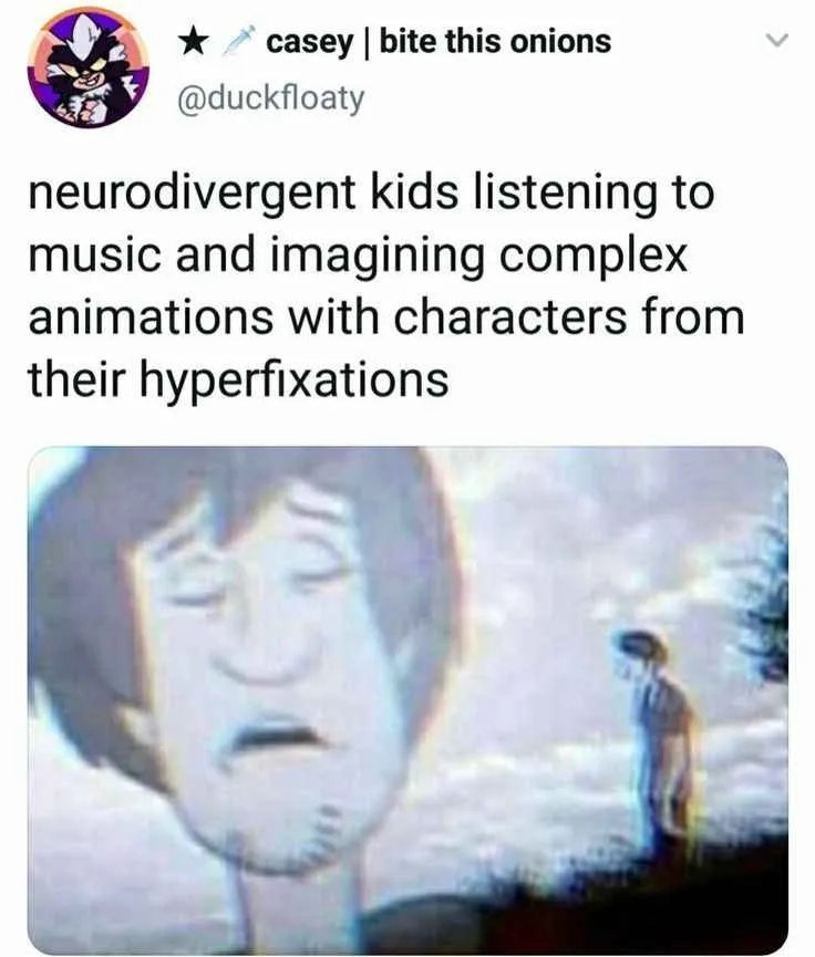 A screenshot of a tweet by user @duckfloaty with the text 'neurodivergent kids listening to music and imagining complex…