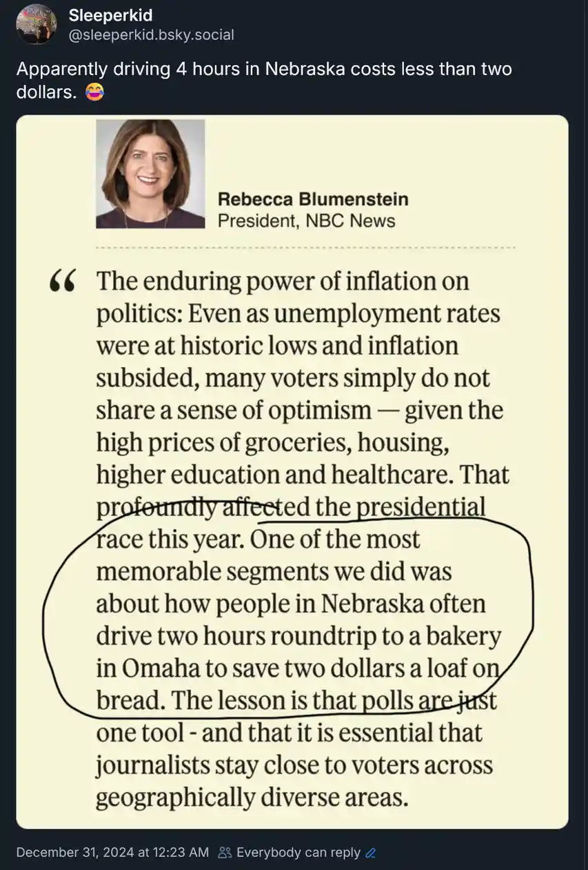 A screenshot of a social media post by 'Sleeperkid' featuring a quote from Rebecca Blumenstein, President of NBC News, about…