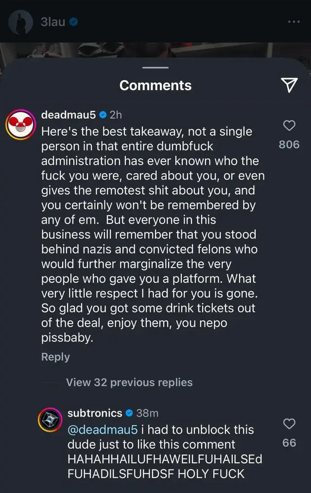 A screenshot of an Instagram comment section shows a comment by 'deadmau5' criticizing someone for supporting Nazis and…